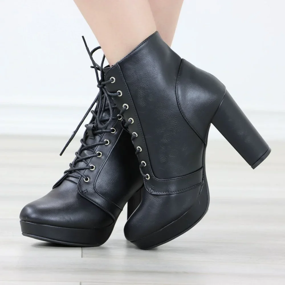 Black Ankle Boots Chunky Lug Block Heel Synthetic Leather Round Toe - Picture 8 of 12
